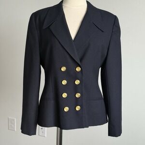 VTG Double Breasted‎ Wool Blazer Womens XL Navy Jacket Military Old Money Russia